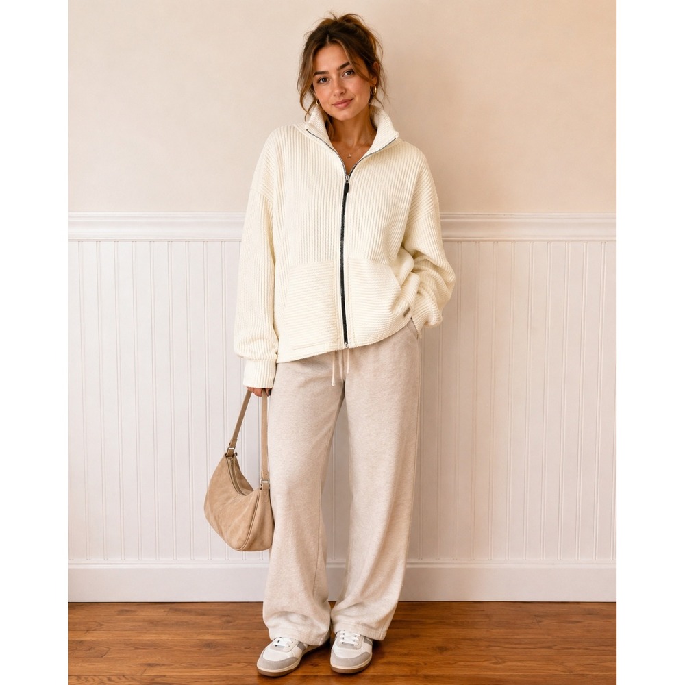 Nine West Active Cream Ribbed Knit Zip-Up Jacket
